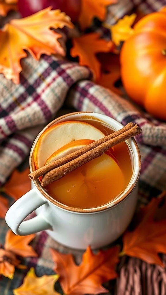 A warm mug of apple cider with spices, garnished with cinnamon and fruit, surrounded by autumn decor.